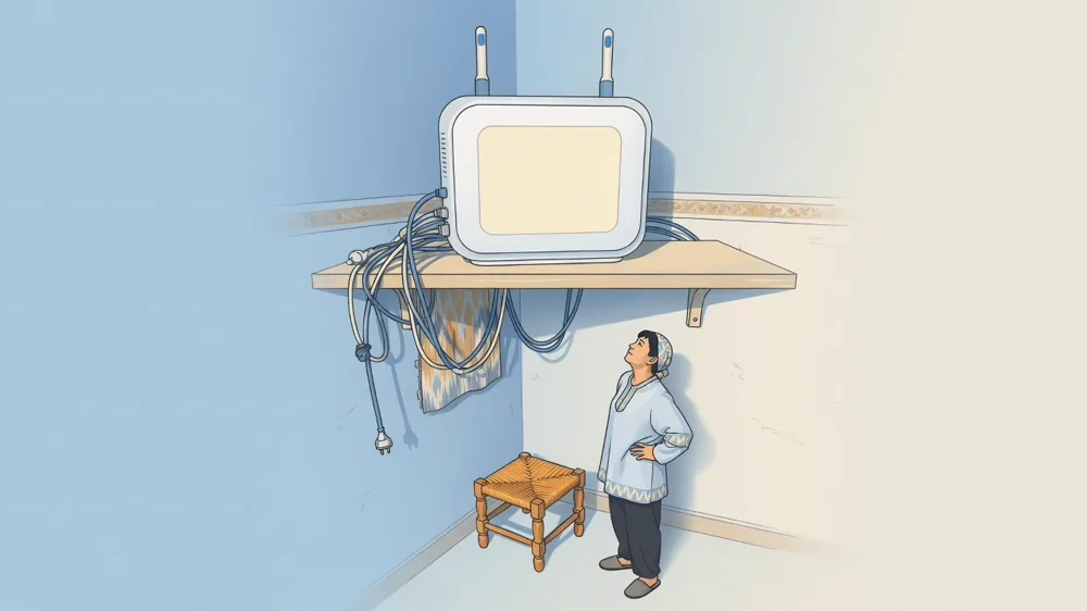 Pastdan ko'rinish: tokchadagi router va ostidagi kichik taburetka.