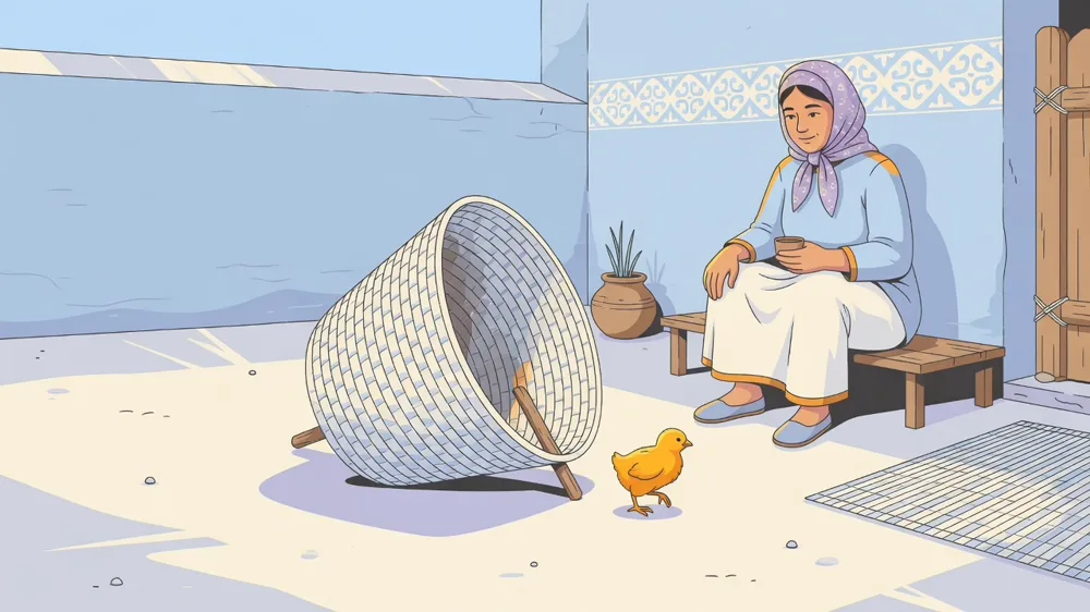 Tayoqcha bilan ko'tarib qo'yilgan savat ostidagi mayda jo'ja.
