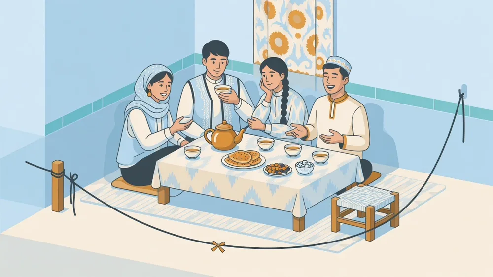 Choyxonada suhbatlashib o'tirgan to'rt kishi, chetda bo'sh kursi.