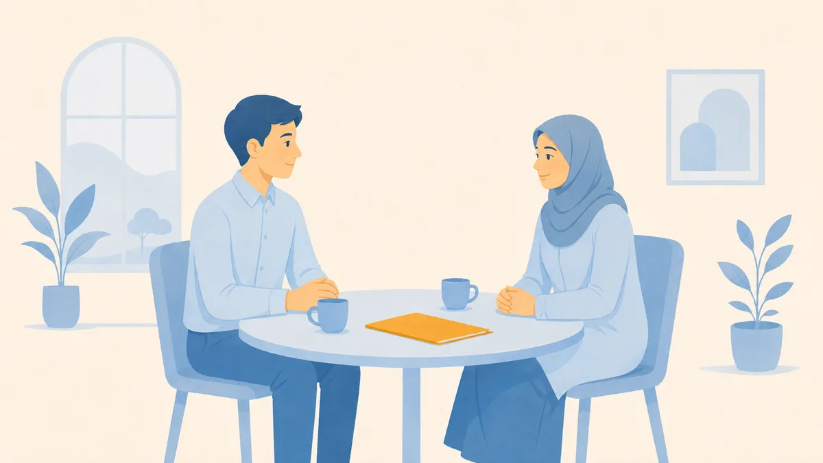 Ish beruvchi bilan suhbat: ikki kishi stol atrofida gaplashmoqda.