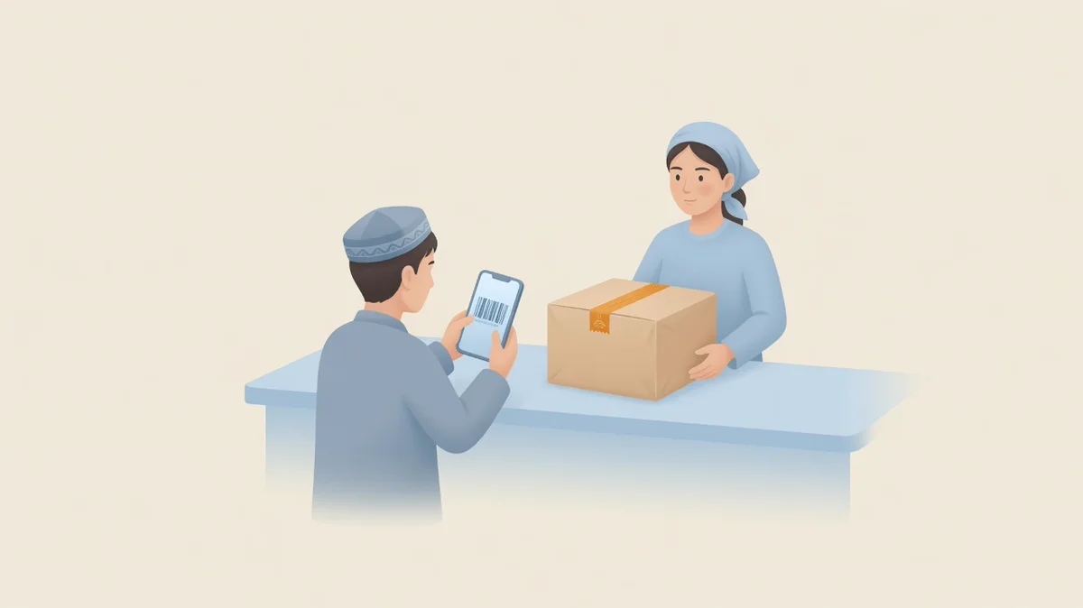 Xaridor punktda telefondagi kodni ko'rsatmoqda, xodim qutini uzatmoqda.