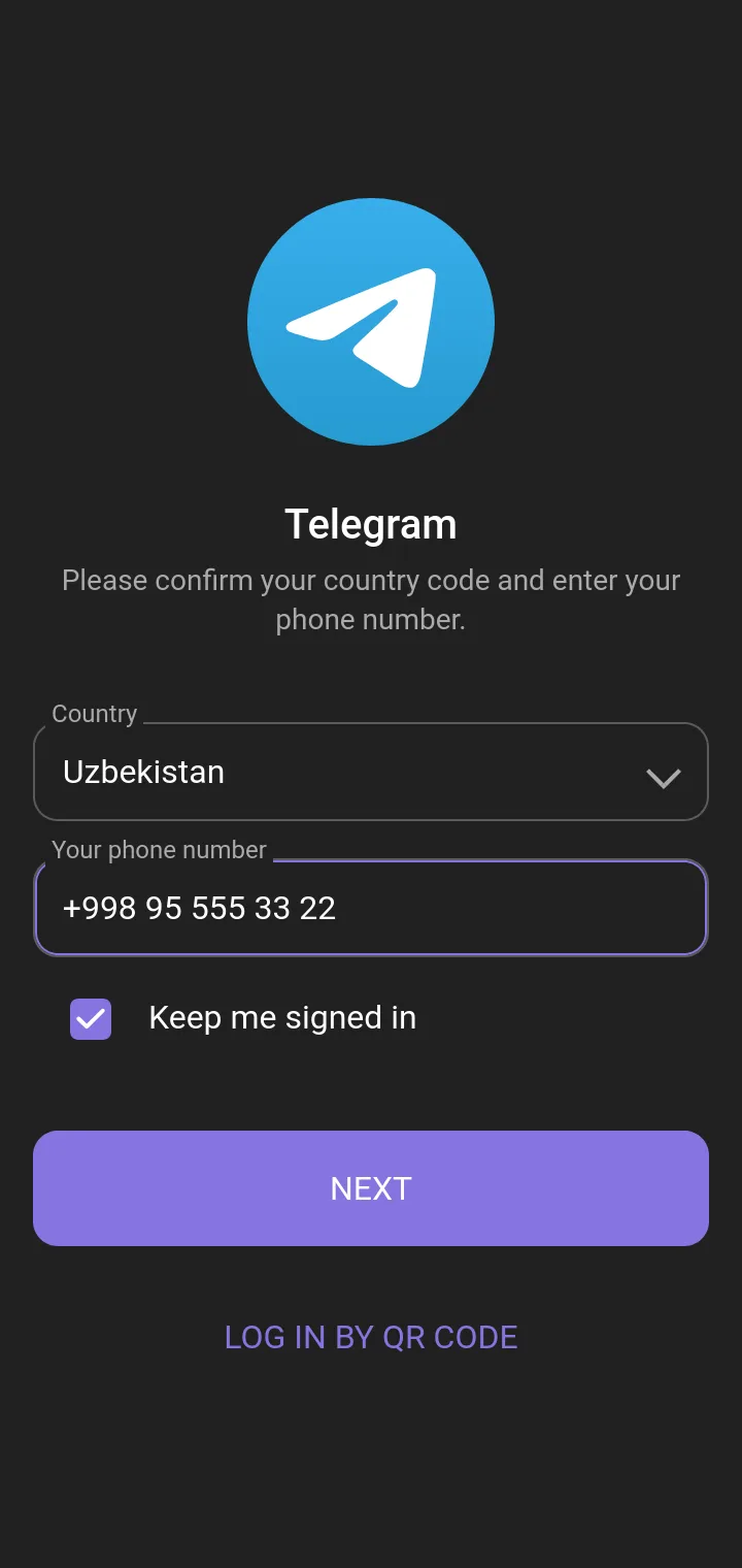 Telegram Web sahifasida raqam kiritish orqali kirish