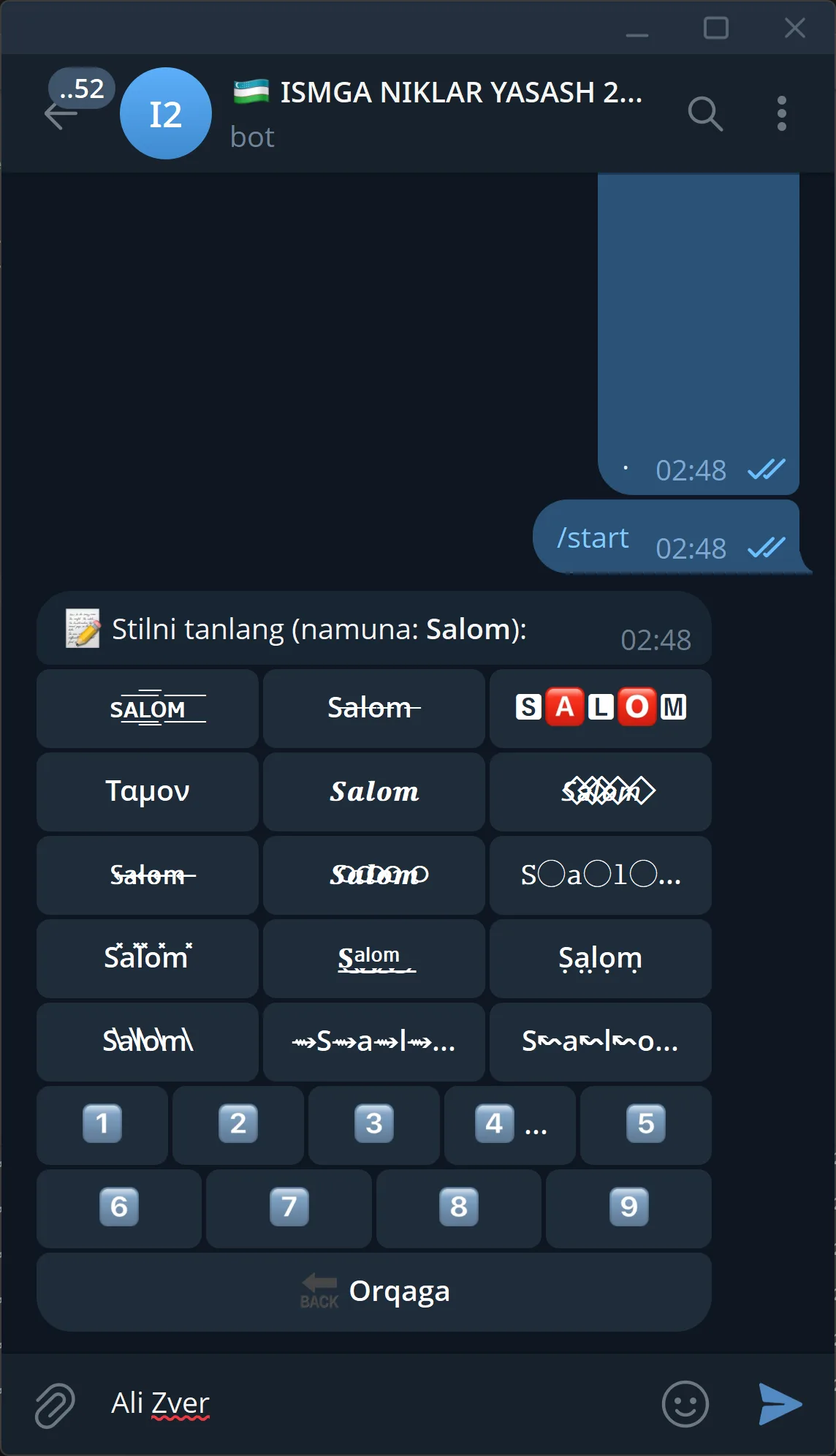 IsmXBot'da uslub tanlash — bot ekrani