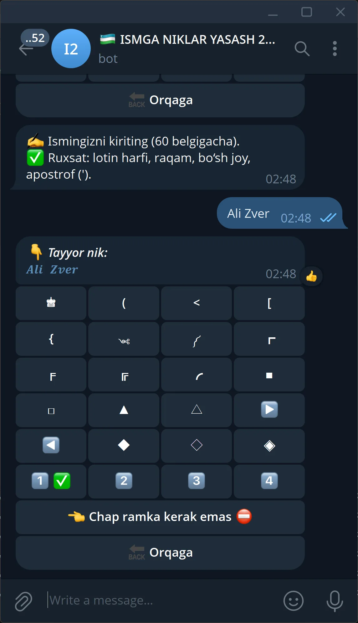 IsmXBot'da ramka va uslub namunalari