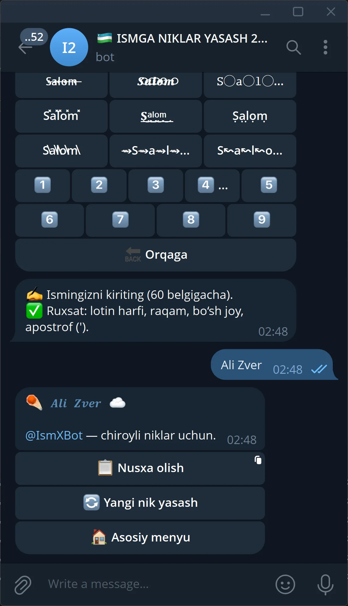 IsmXBot natijalari — tayyor nik variantlari