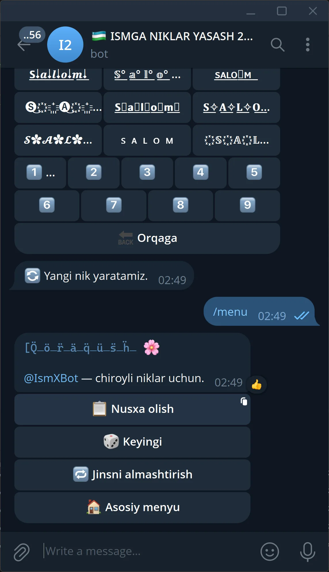IsmXBot'dan tayyor nikni nusxalash