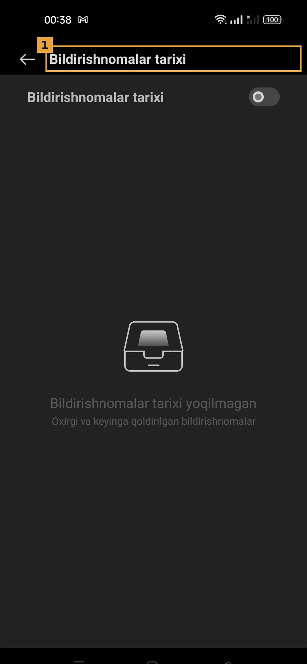 Android «Bildirishnomalar tarixi» ekrani