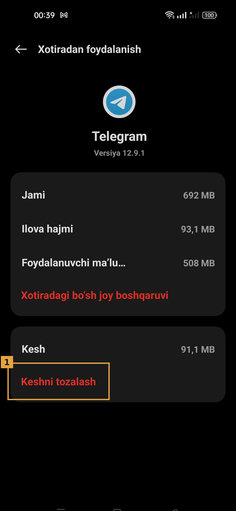 Android ilova sozlamalari, Telegram xotirasi, «Keshni tozalash» tugmasi belgilangan