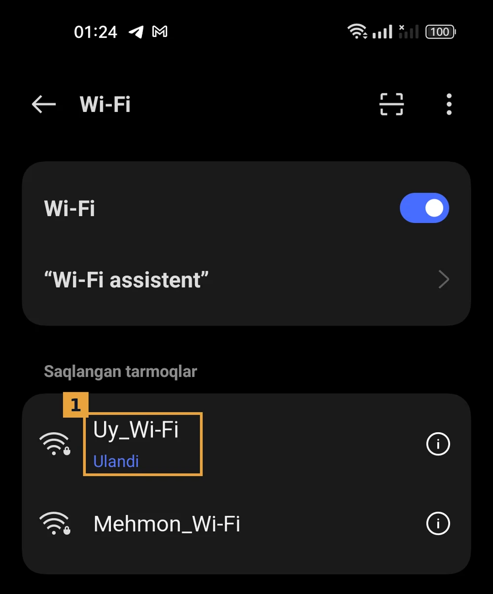 Android Wi-Fi ro'yxati, ulangan tarmoq belgilangan