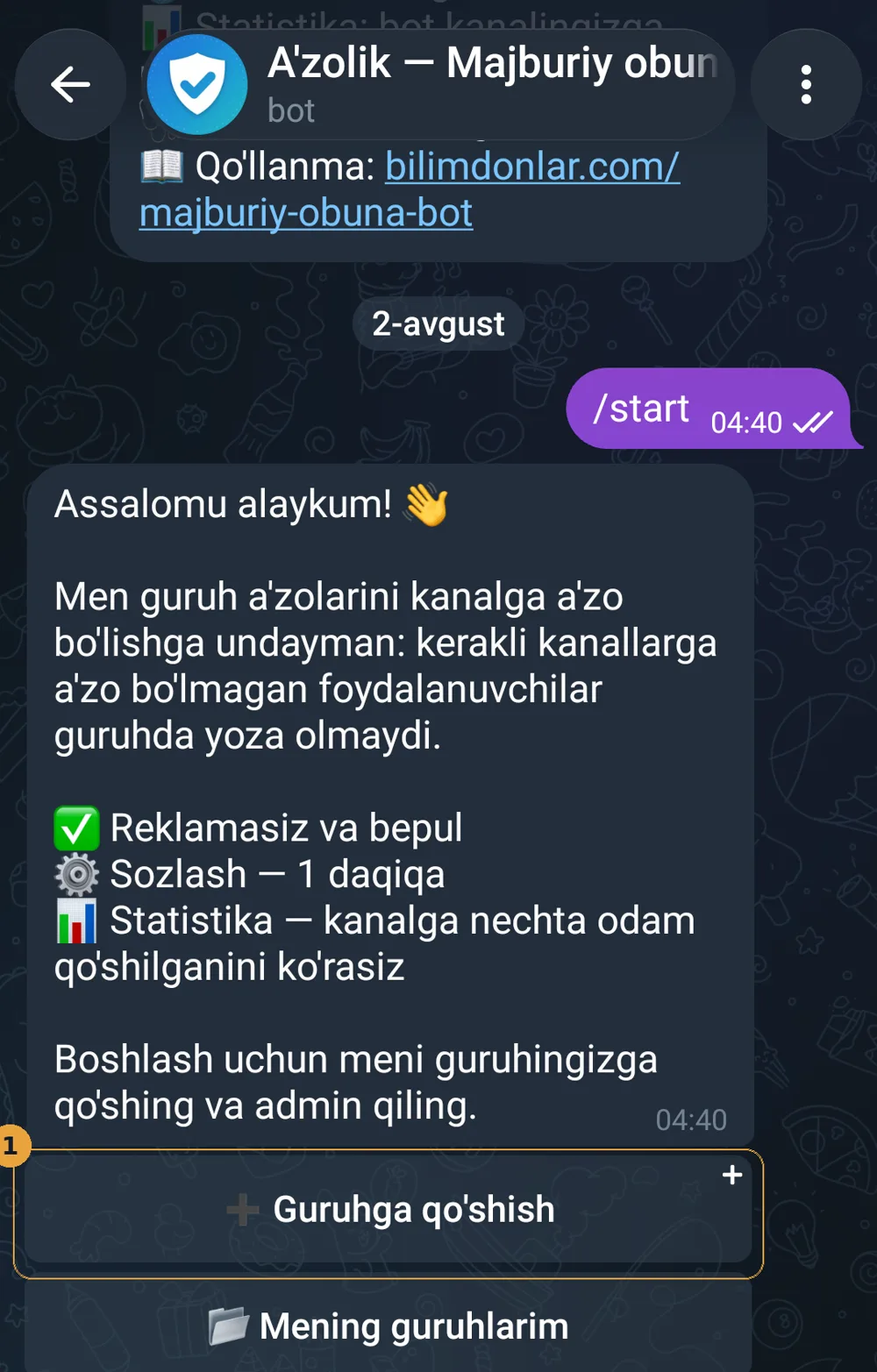@azolik_bot /start ekrani, «Guruhga qo'shish» tugmasi belgilangan