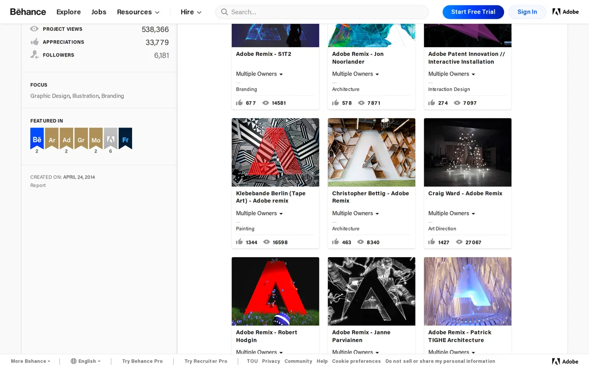 Behance portfolio sahifasi, ijodiy ishlar alohida kartochkalarda ko'rsatilgan