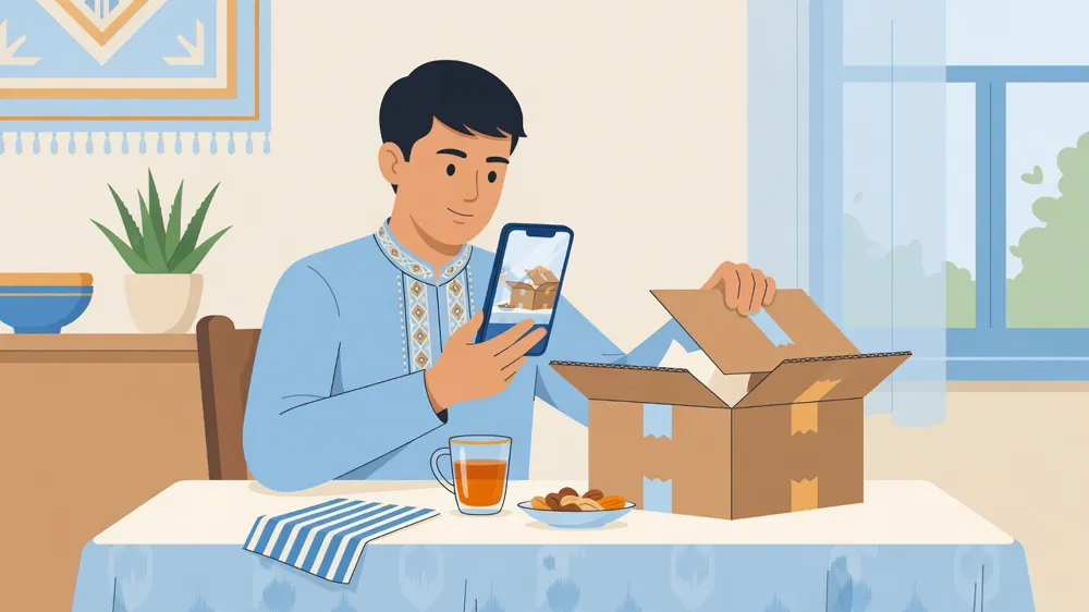 Yigit telefon bilan posilkaning ochilishini videoga olmoqda