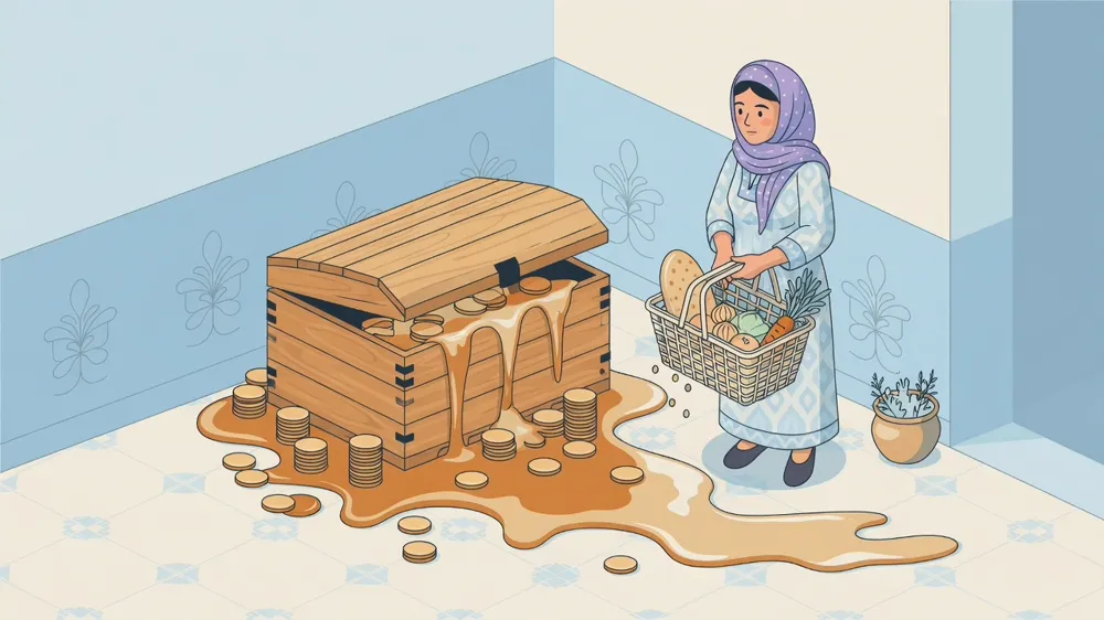 Sandiqdagi tangalar muz kabi eriyapti, yonida xarid savati ko'targan ayol