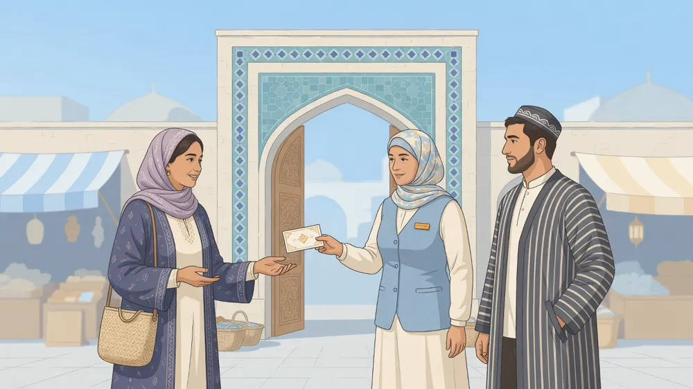 Vositachi ayol xaridor bilan sotuvchi o'rtasida hujjatni uzatmoqda