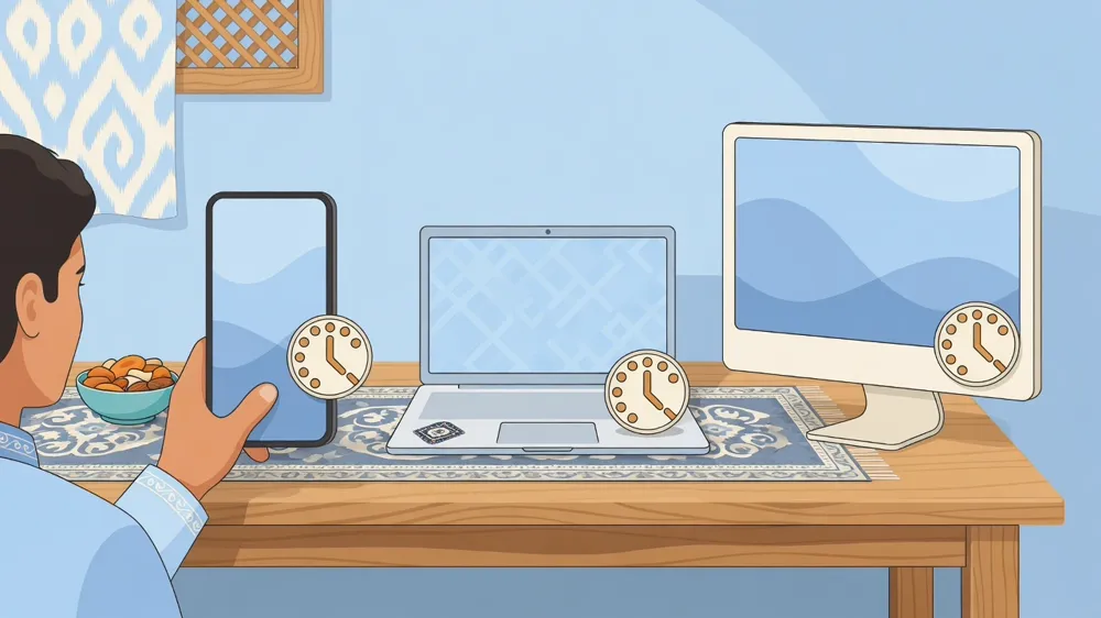 Telefon, noutbuk va monitor, har birida alohida sozlash murvati.