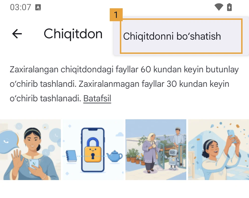 Google Foto «Chiqitdon» bo'limi, «Chiqitdonni bo'shatish» buyrug'i belgilangan