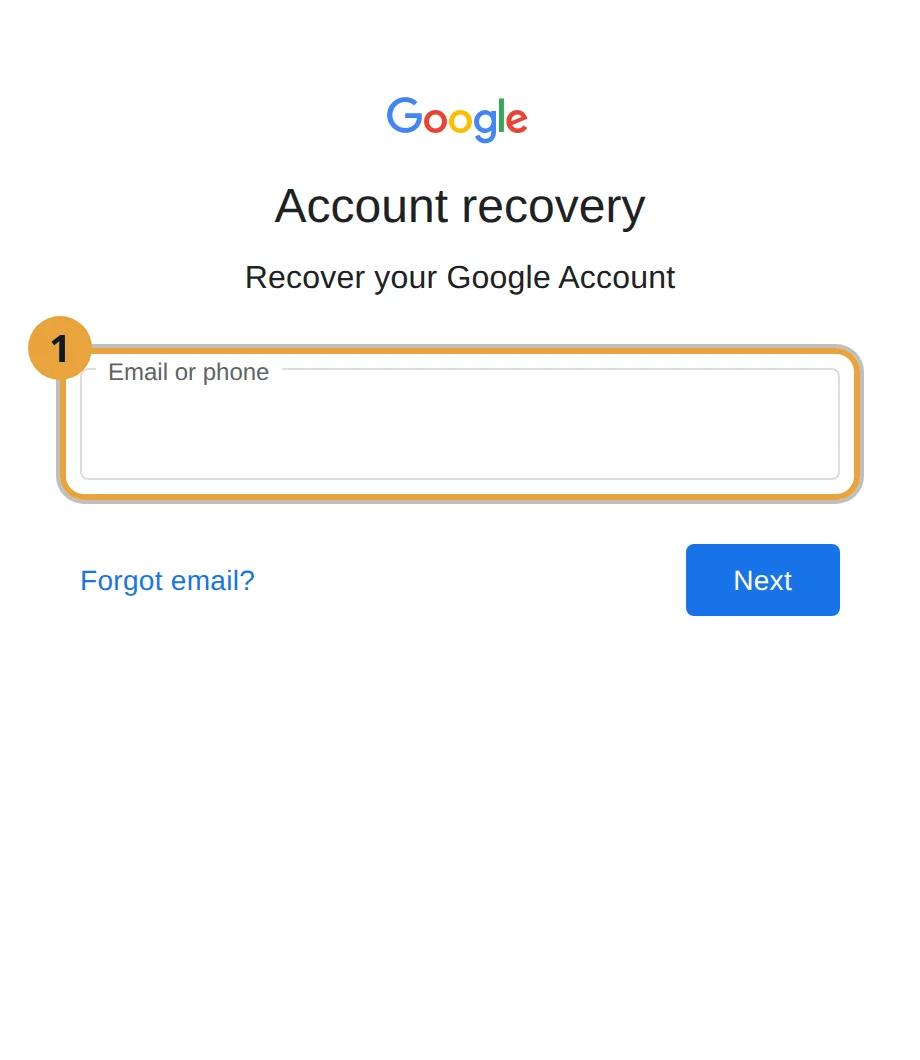 Google akkauntni tiklash sahifasi, email maydoni belgilangan