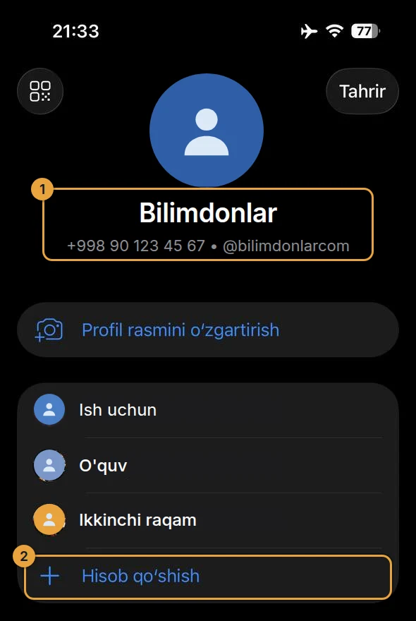 iPhone Telegram sozlamalari, hisoblar ro'yxati va «Hisob qo'shish» qatori