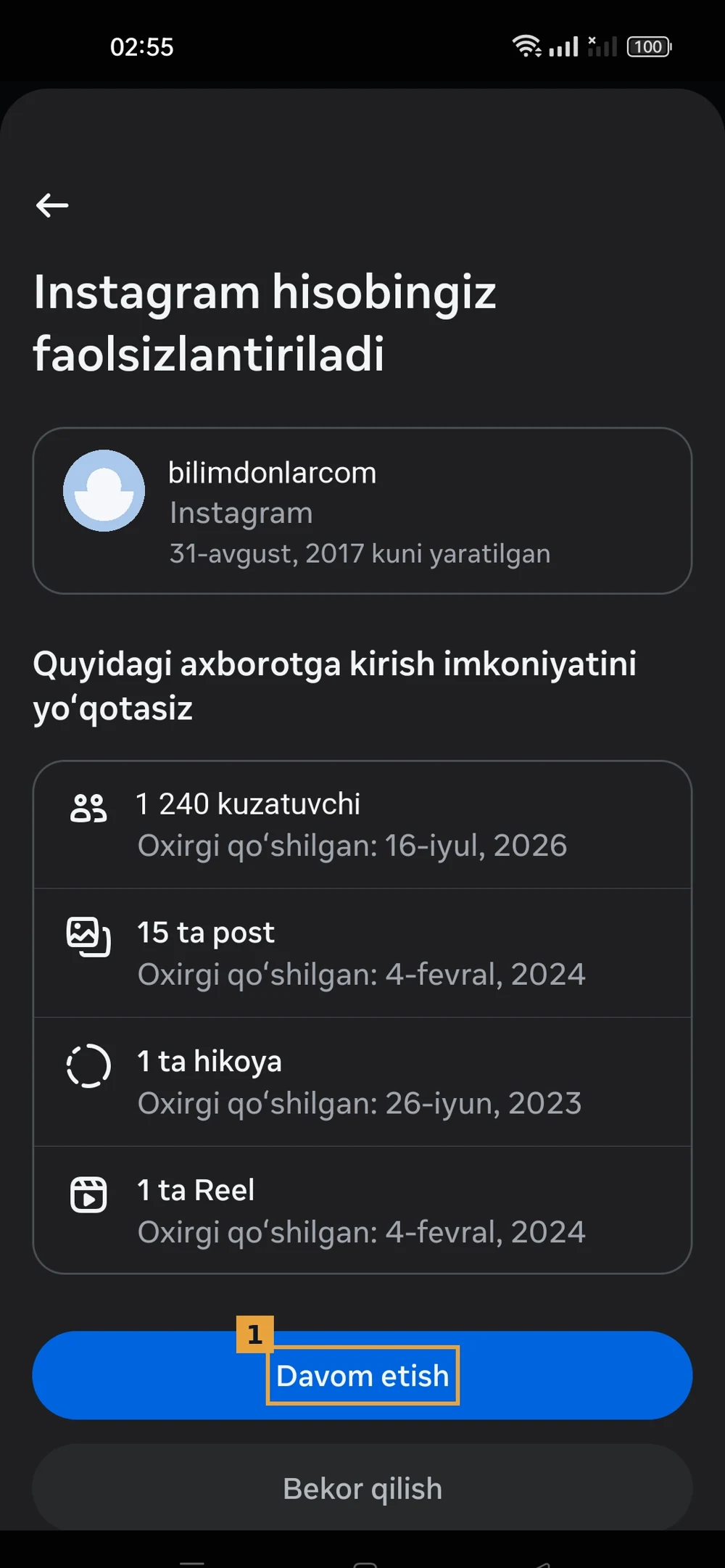 Instagram hisobni faolsizlantirish ekrani, kuzatuvchilar va postlar ro'yxati