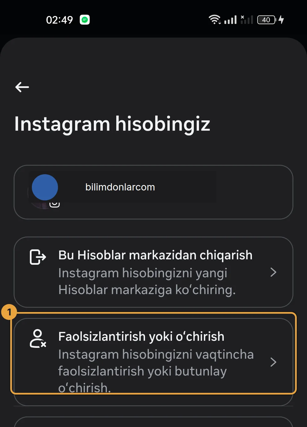 Instagram hisobini boshqarish, «Faolsizlantirish yoki o'chirish» belgilangan