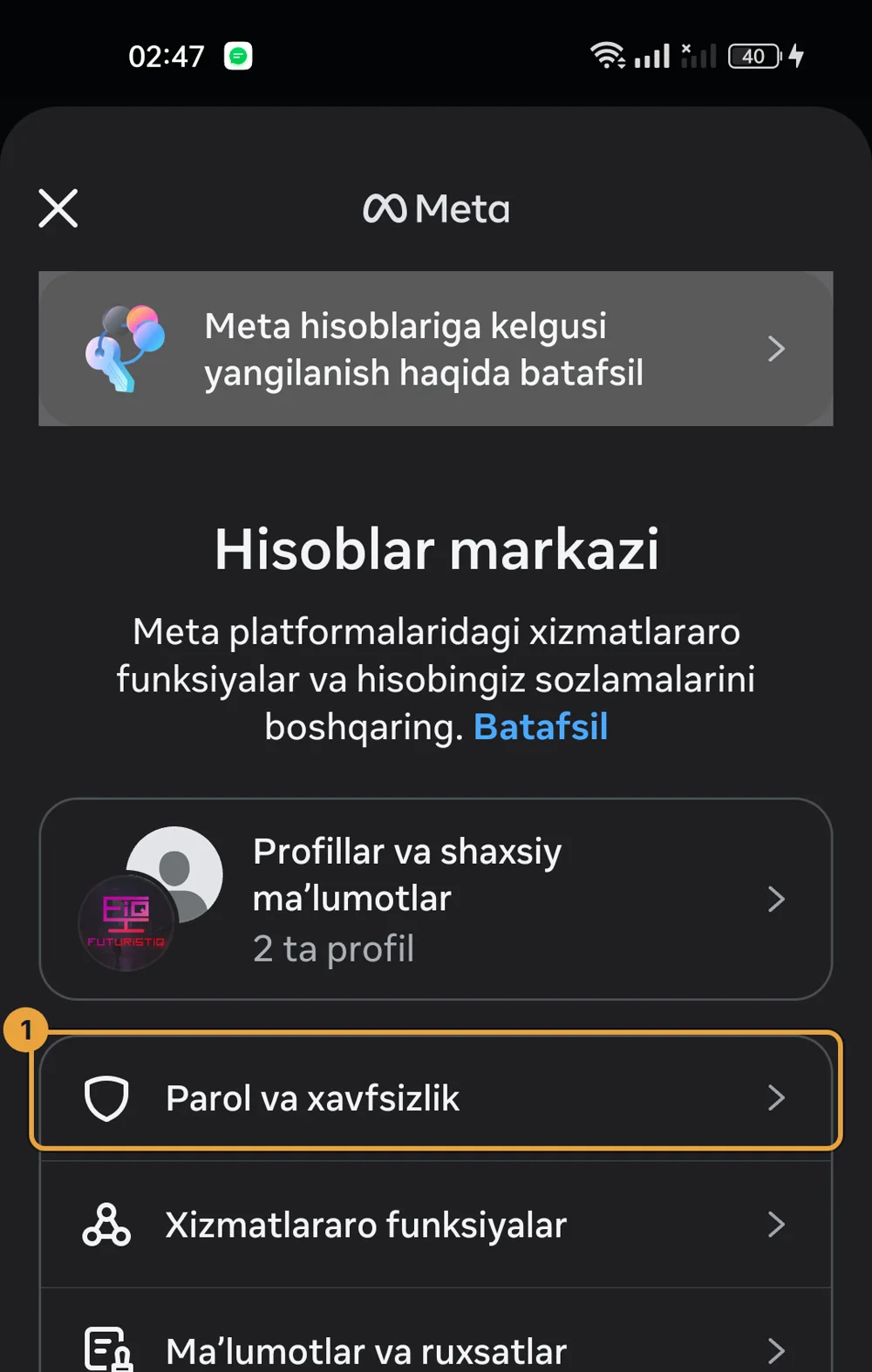 Instagram Hisoblar markazi, «Parol va xavfsizlik» qatori belgilangan