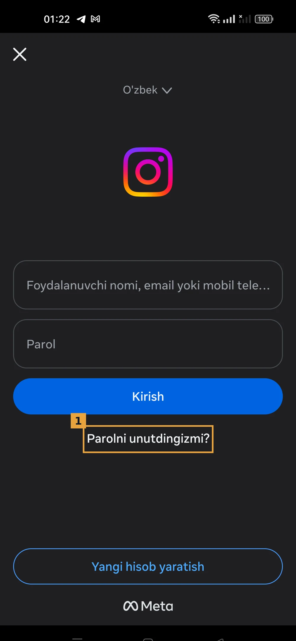 Instagram kirish ekrani, «Parolni unutdingizmi?» havolasi belgilangan