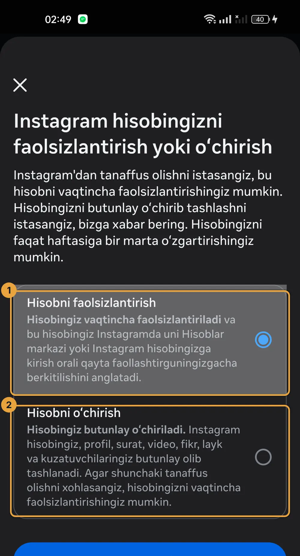 Instagramda muzlatish va o'chirish variantlari yonma-yon