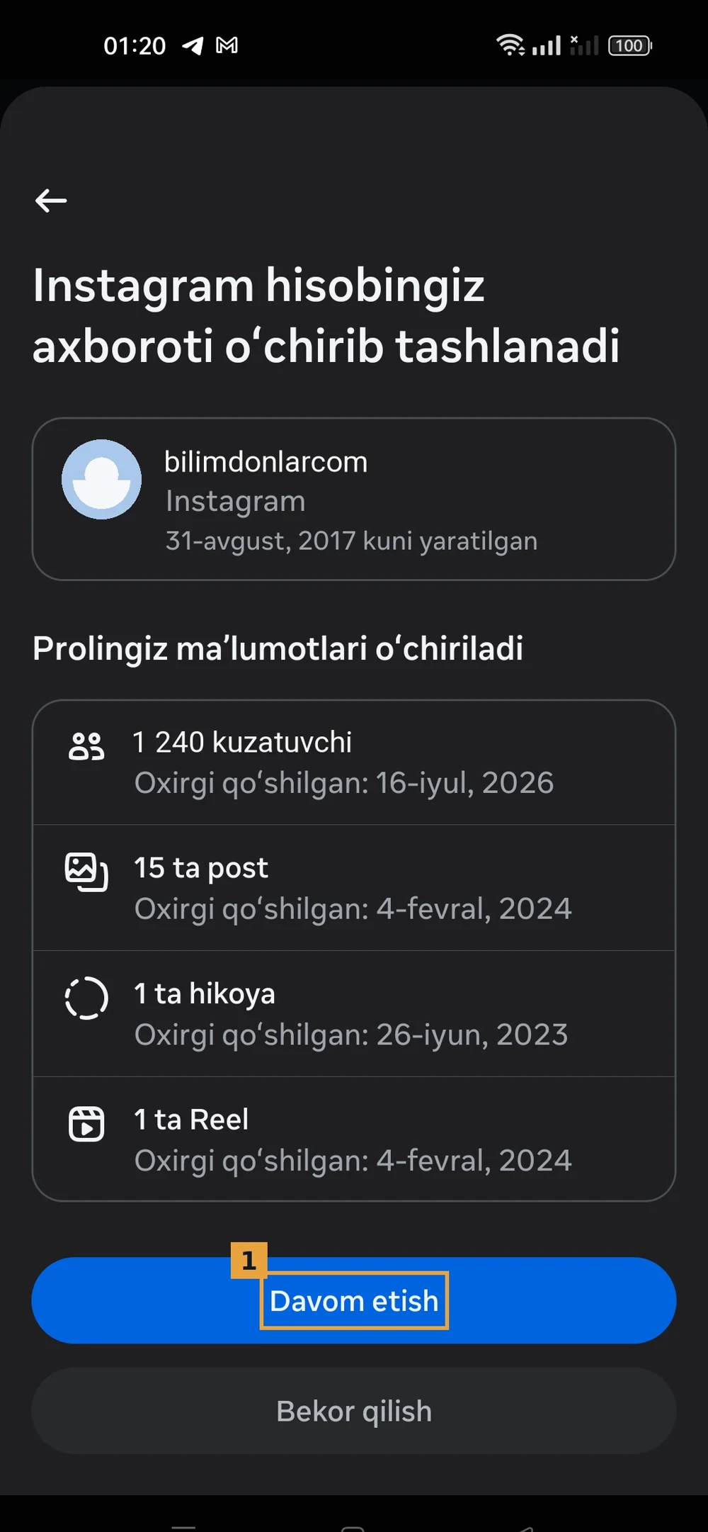 Instagram hisobni o'chirish ogohlantirishi, kuzatuvchi va postlar soni