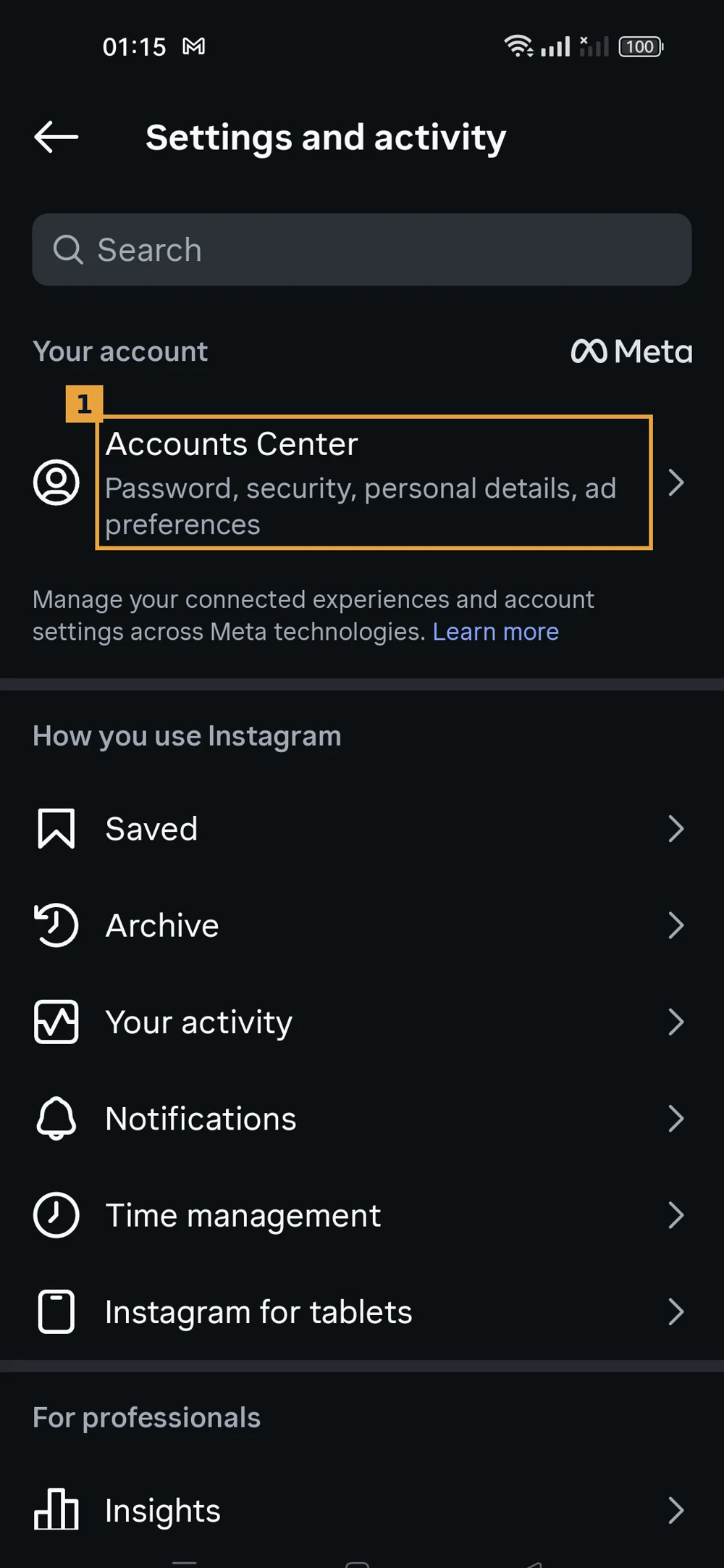 Instagram sozlamalari ro'yxati, «Accounts Center» qatori belgilangan