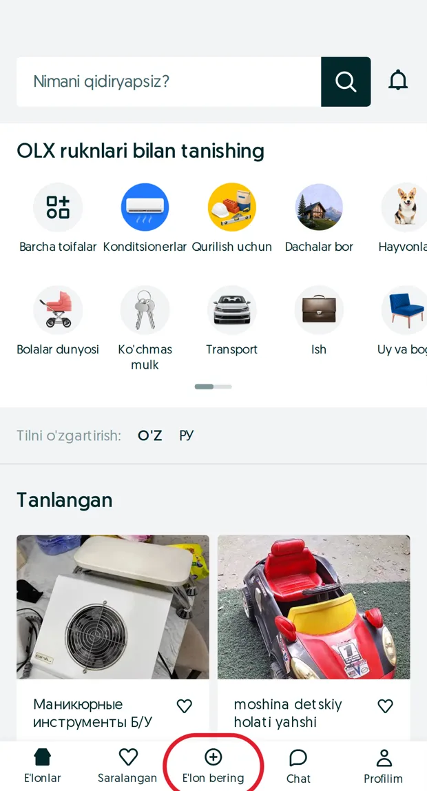 OLX saytining telefondagi bosh ekrani, E'lon bering tugmasi belgilangan