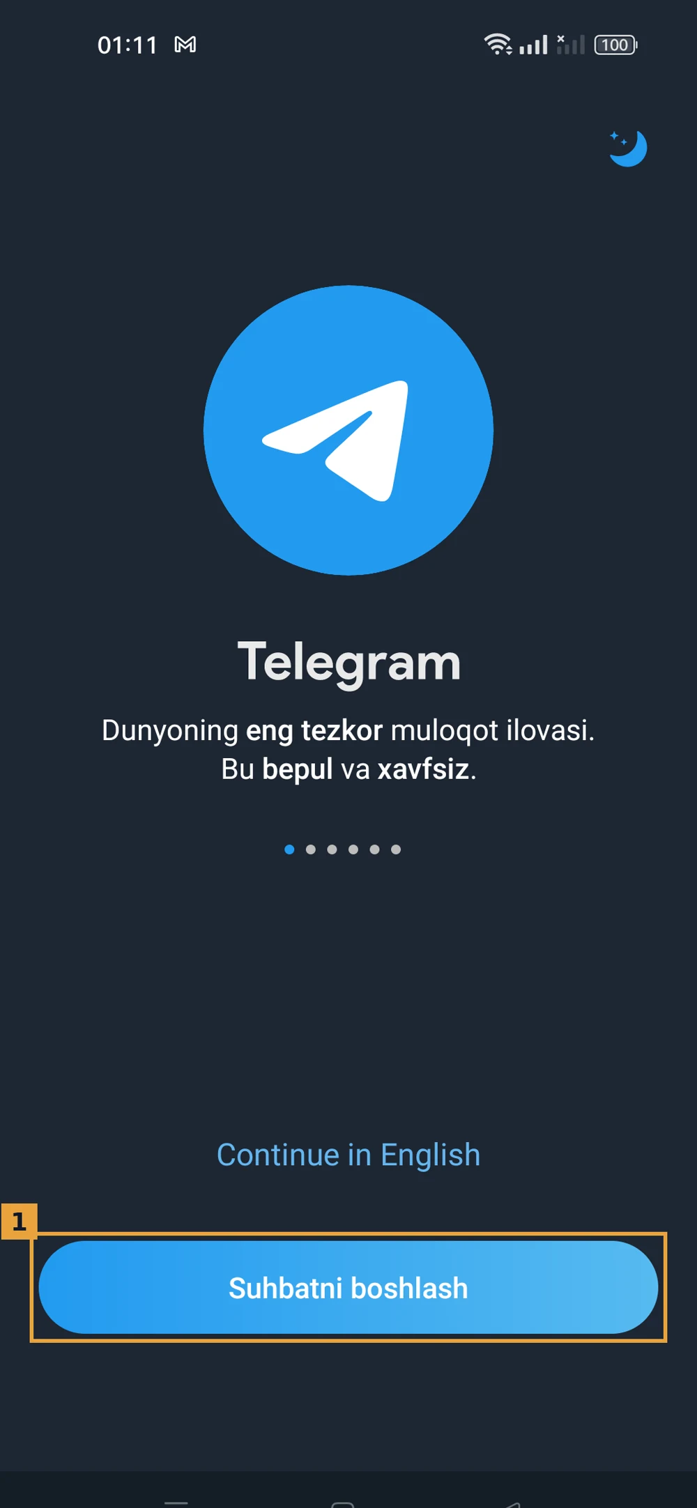 Telegram ilovasining birinchi ekrani, «Suhbatni boshlash» tugmasi belgilangan