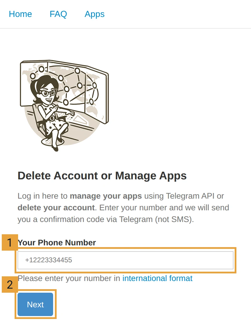 telegram.org/deactivate sahifasi, telefon raqami maydoni va «Next» tugmasi belgilangan
