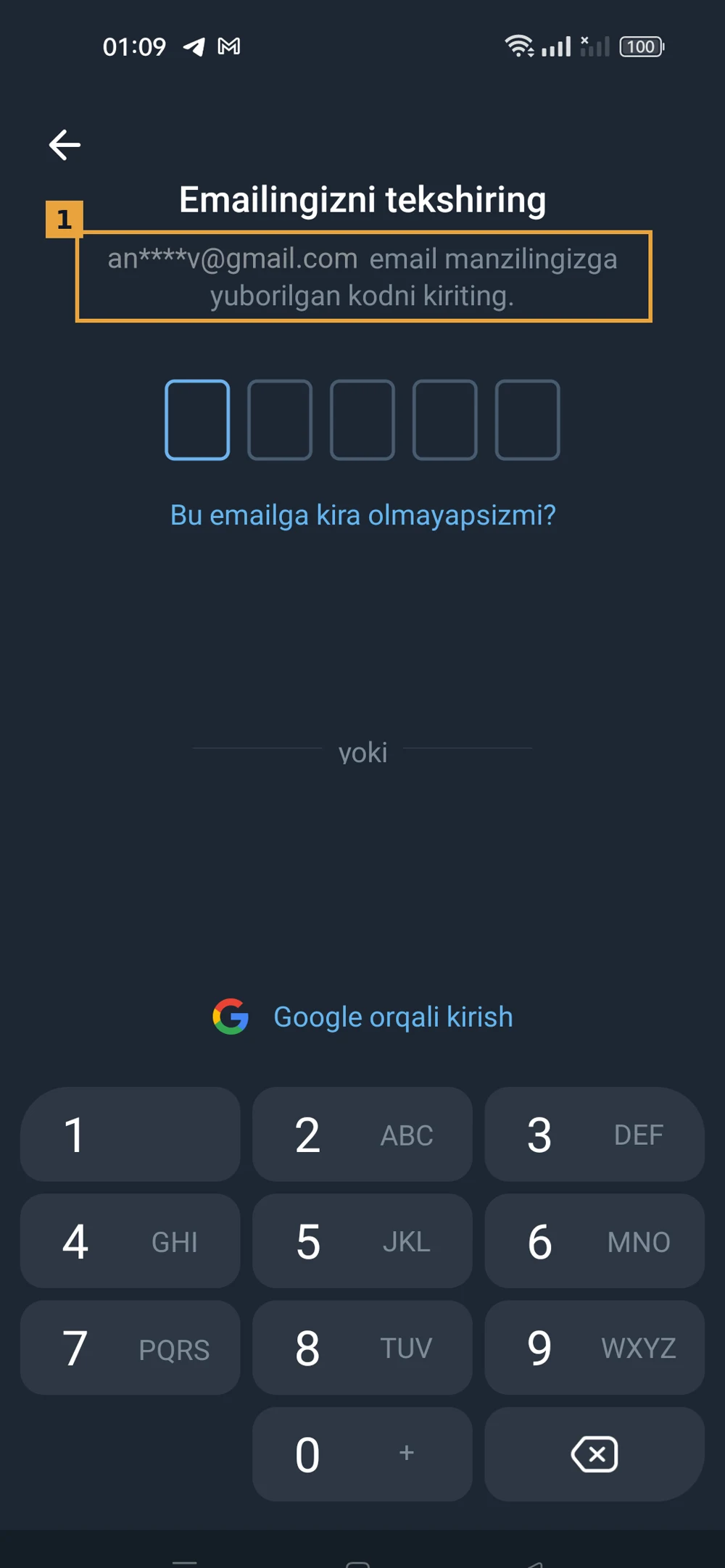Telegram kirish ekrani: kod email manzilga yuborilgani haqida xabar