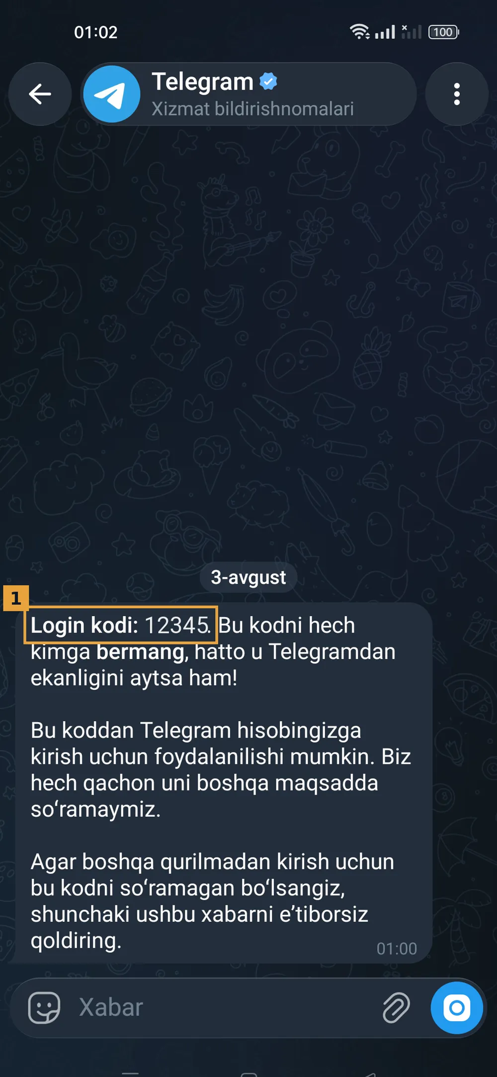 Telegram xizmat suhbatida kirish kodi xabari