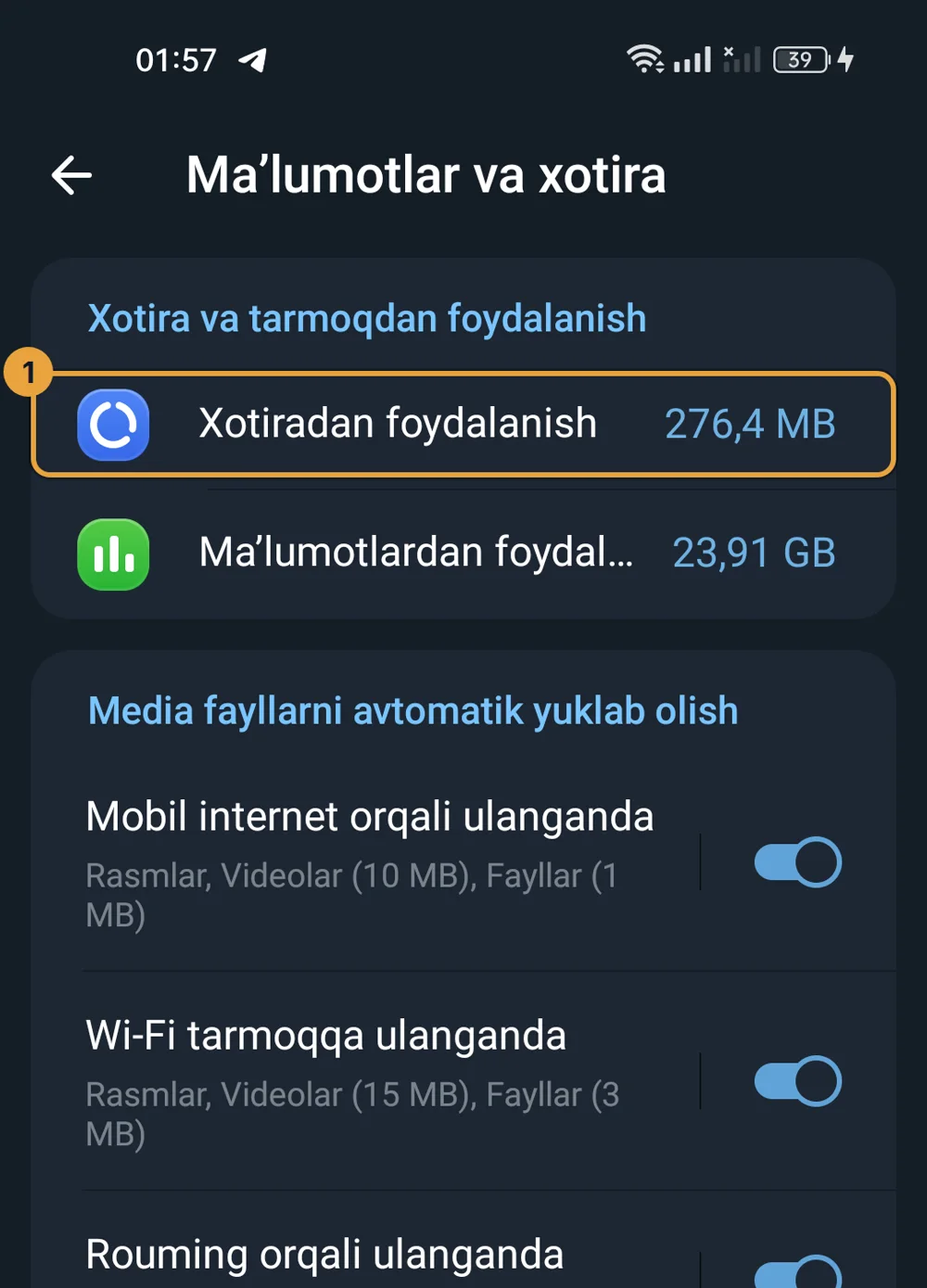 Telegram ma'lumotlar va xotira ekrani, xotiradan foydalanish qatori belgilangan