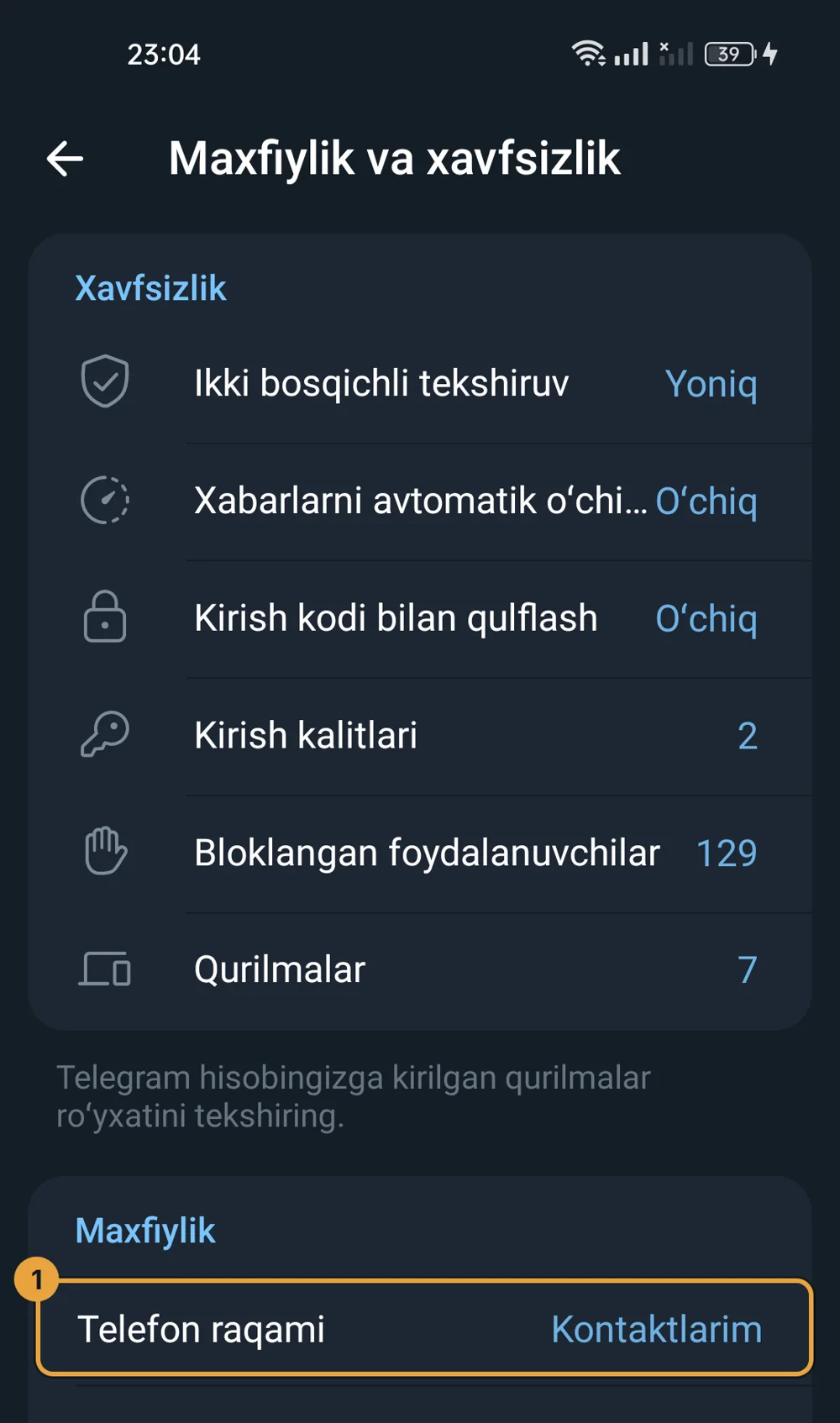 Telegram maxfiylik menyusi, «Telefon raqami» qatori belgilangan