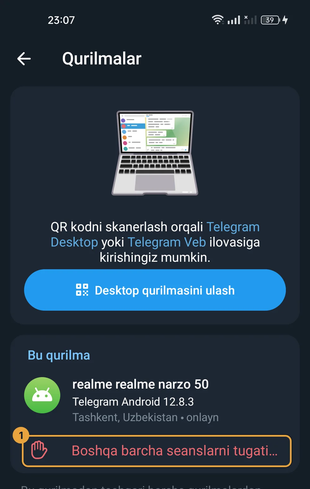 Telegram qurilmalar ro'yxati, barcha seanslarni tugatish tugmasi belgilangan