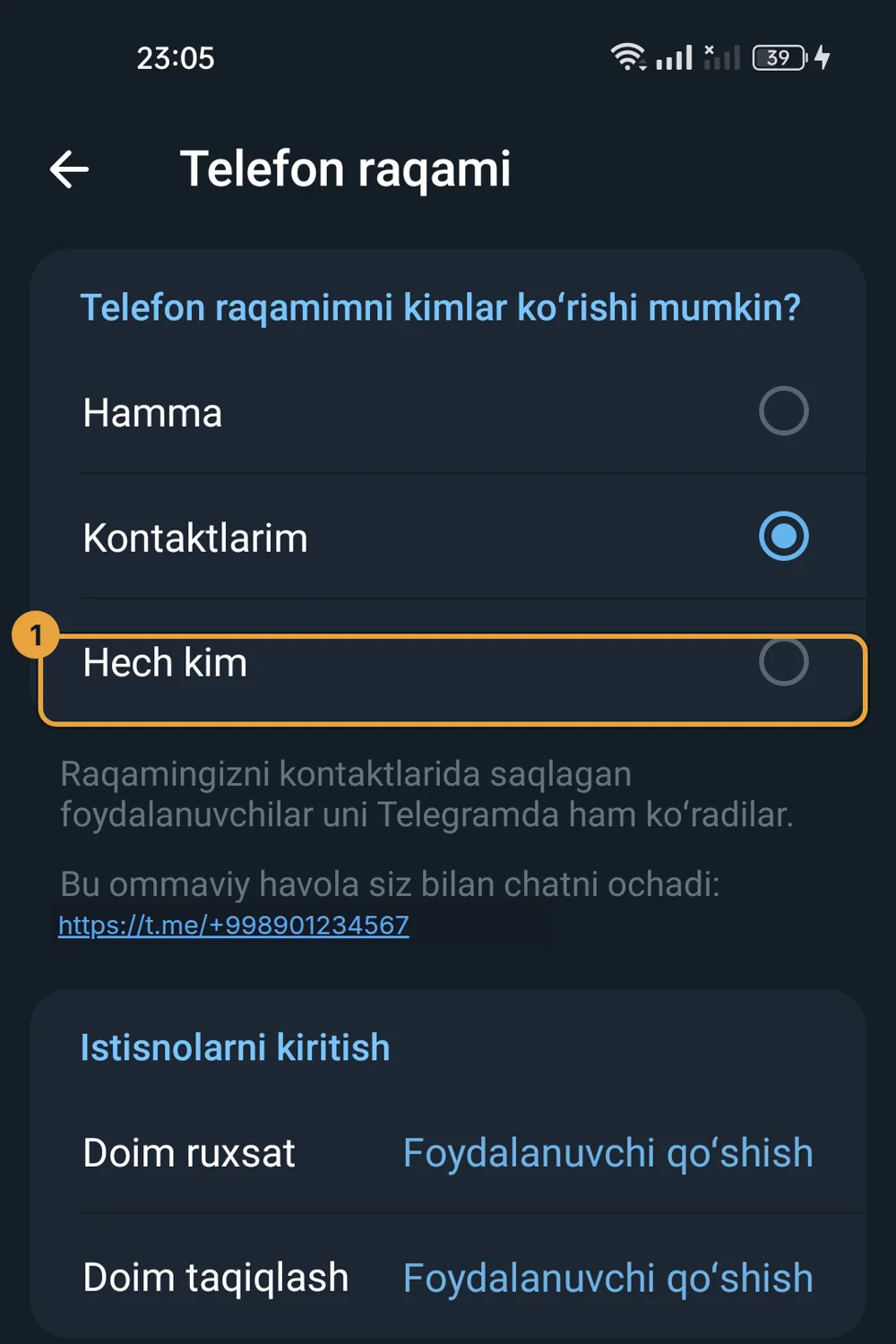 Telegramda telefon raqamini kim ko'rishi sozlamasi