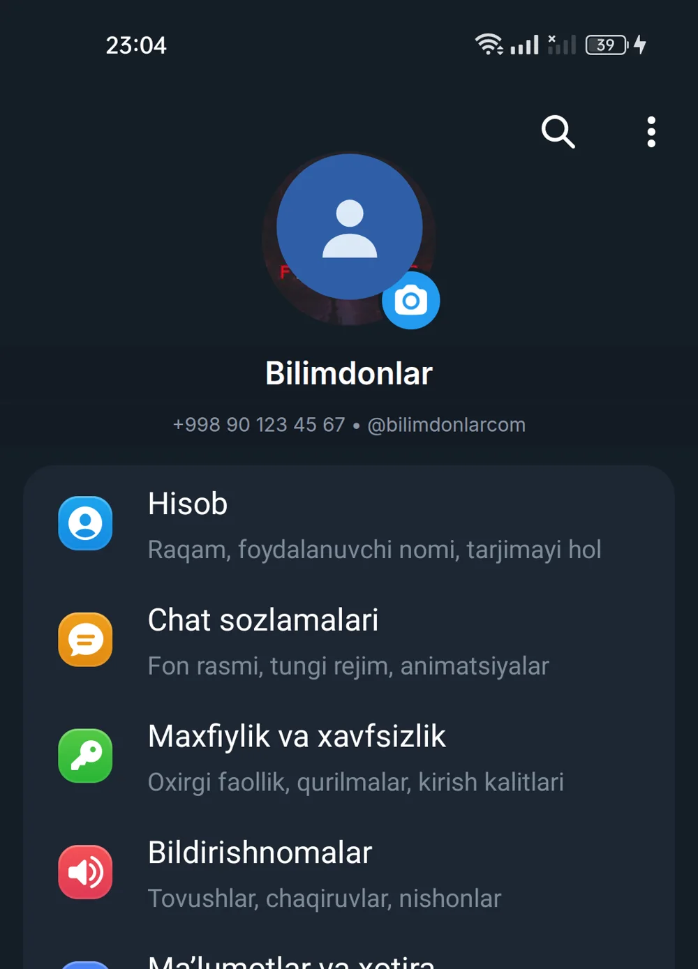 Telegram sozlamalari, tepasida hisob nomi va raqami