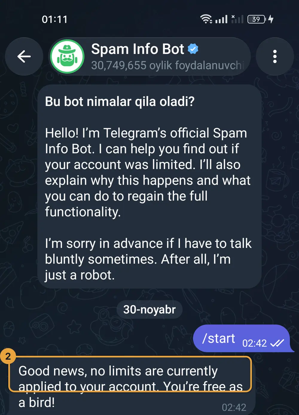 @SpamBot javobi: hisobda hech qanday cheklov yo'q