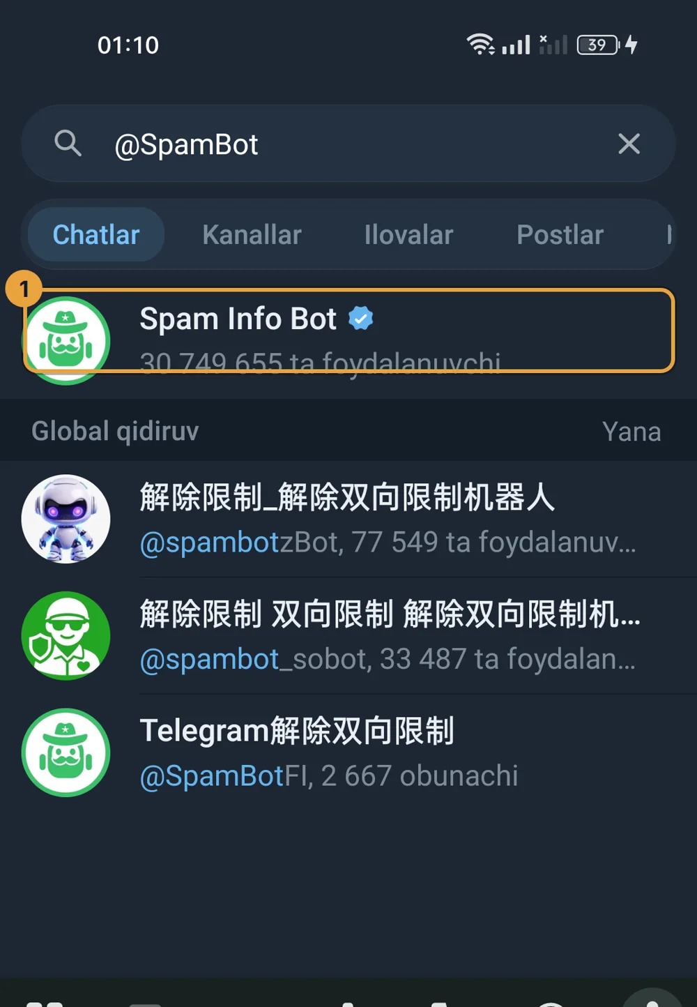 Telegram qidiruvida @SpamBot va unga o'xshash soxta botlar