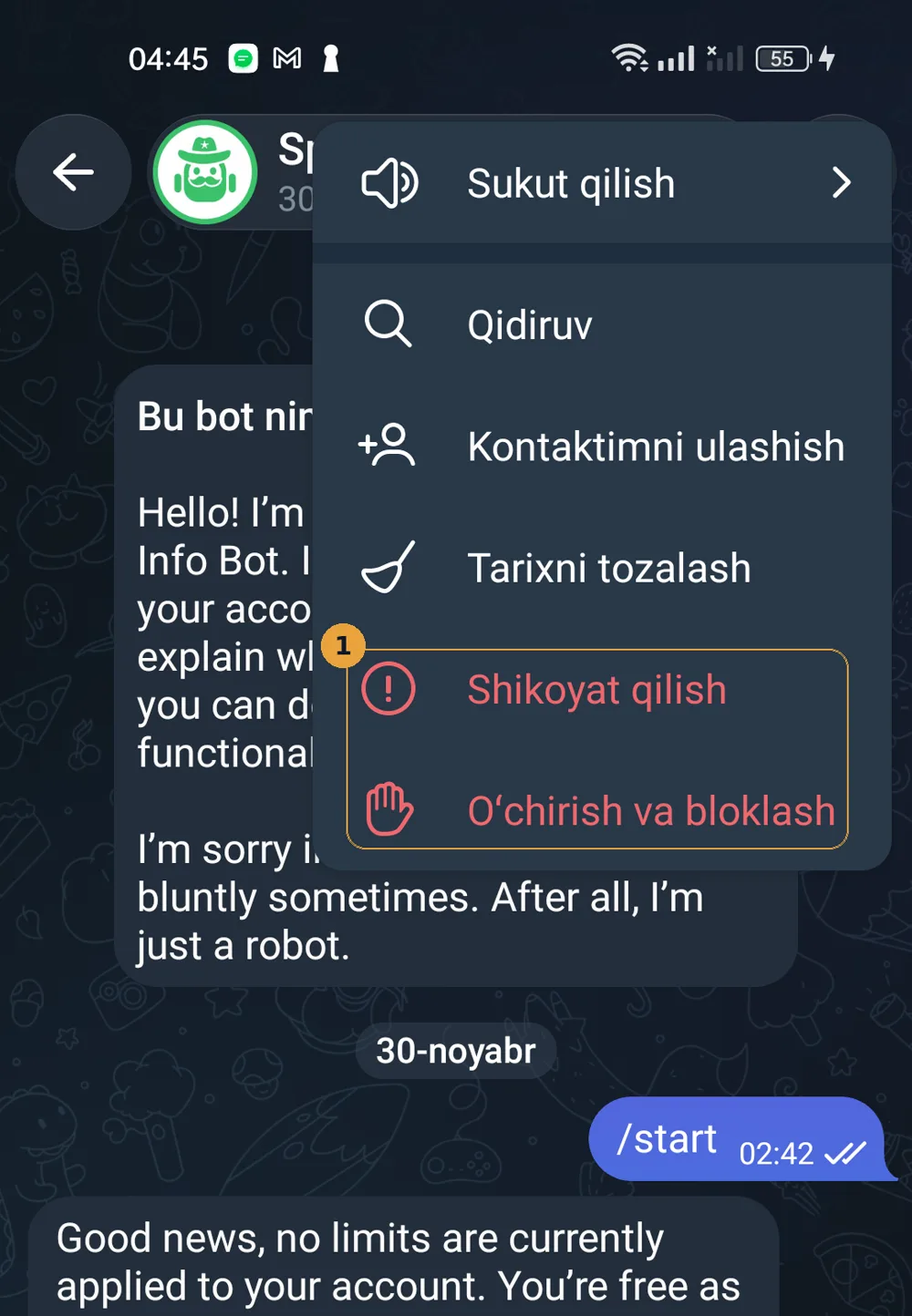 Telegram suhbat menyusi, «Shikoyat qilish» va «O'chirish va bloklash» belgilangan
