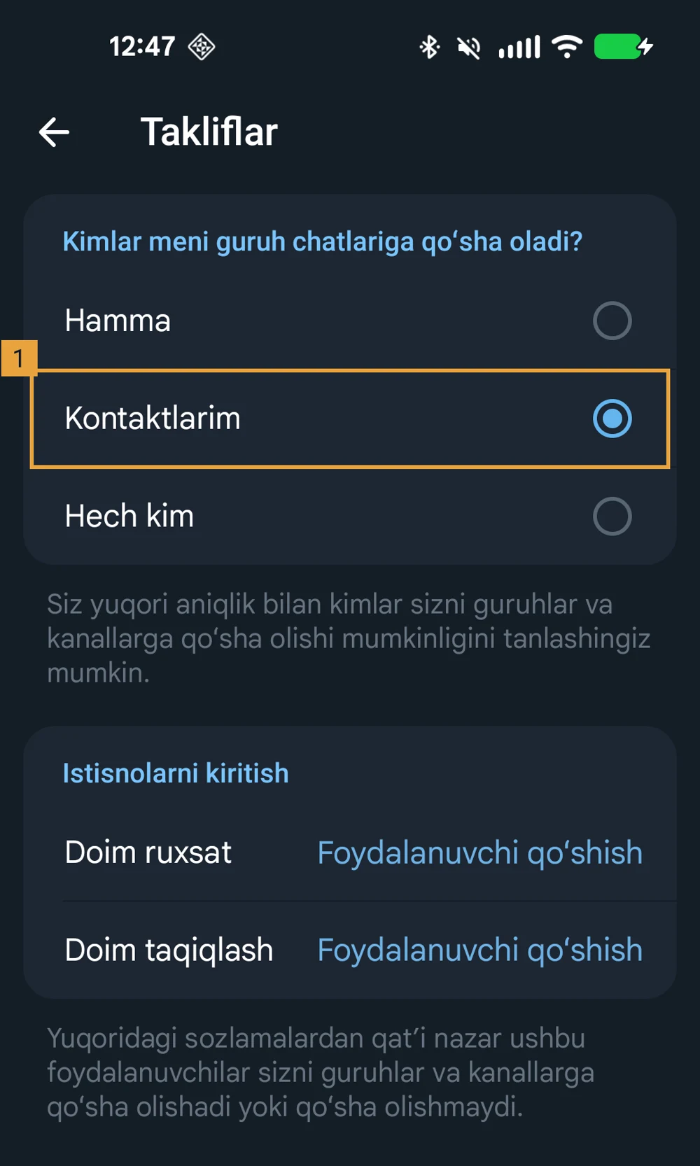 Telegram «Takliflar» ekrani, «Kontaktlarim» varianti belgilangan