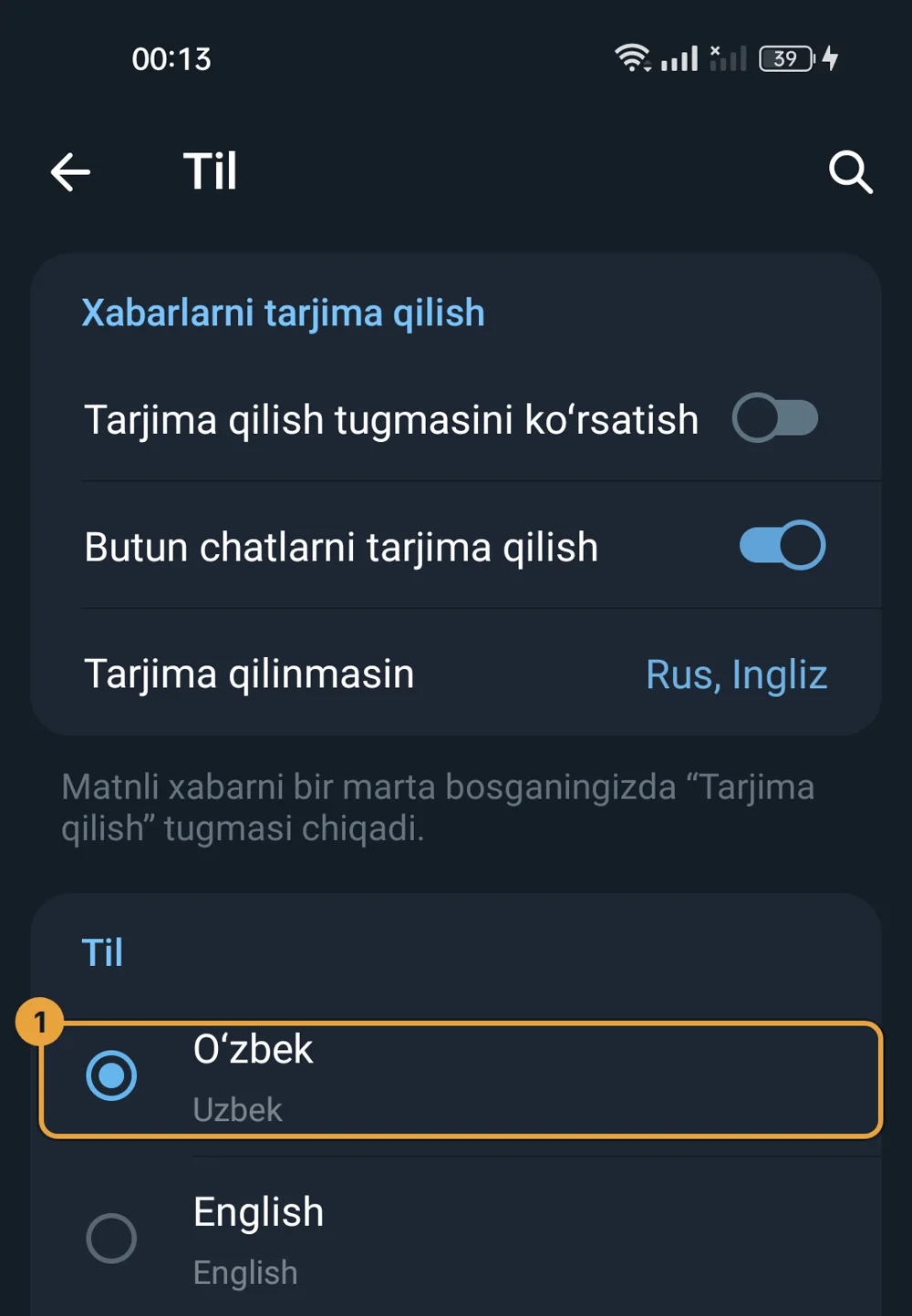 Telegram til sozlamalari, «O'zbek» tanlangan