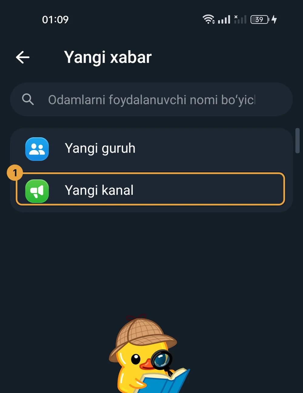Telegramda yangi xabar menyusi, «Yangi kanal» belgilangan