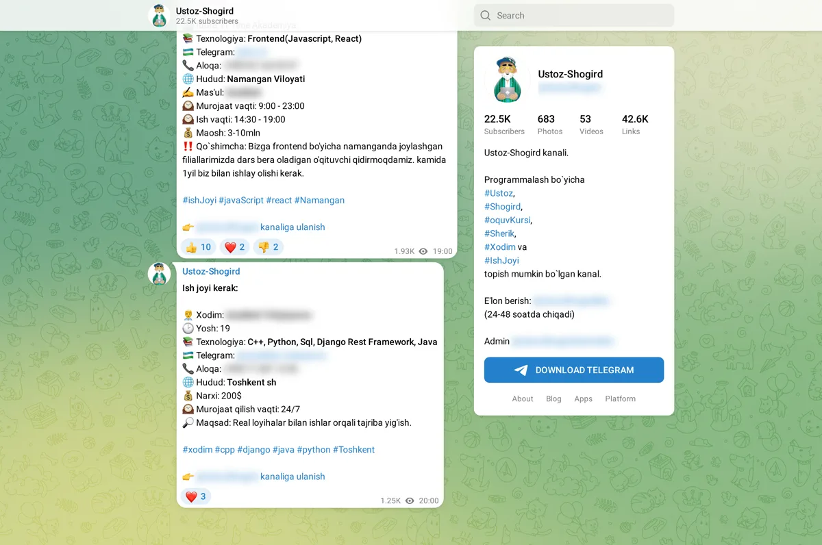 Telegram kanalidagi ish e'lonlari, aloqa ma'lumotlari xiralashtirilgan