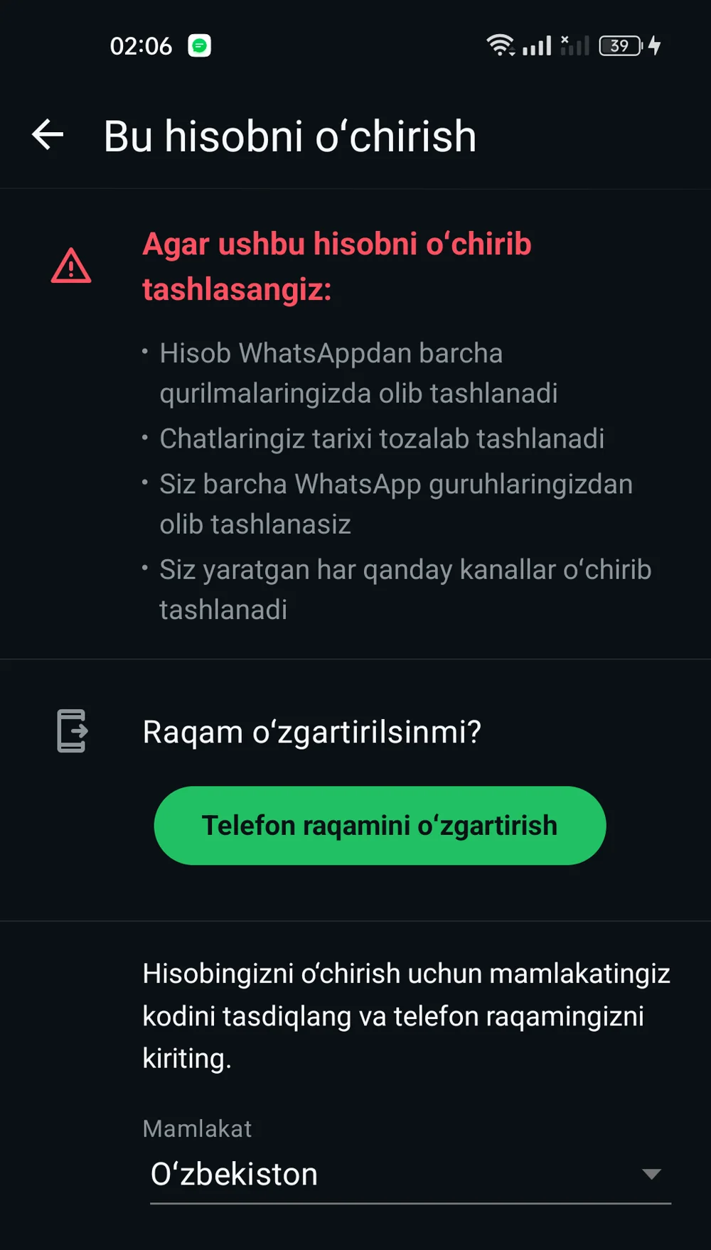 WhatsApp hisobni o'chirish ekrani, ogohlantirish ro'yxati