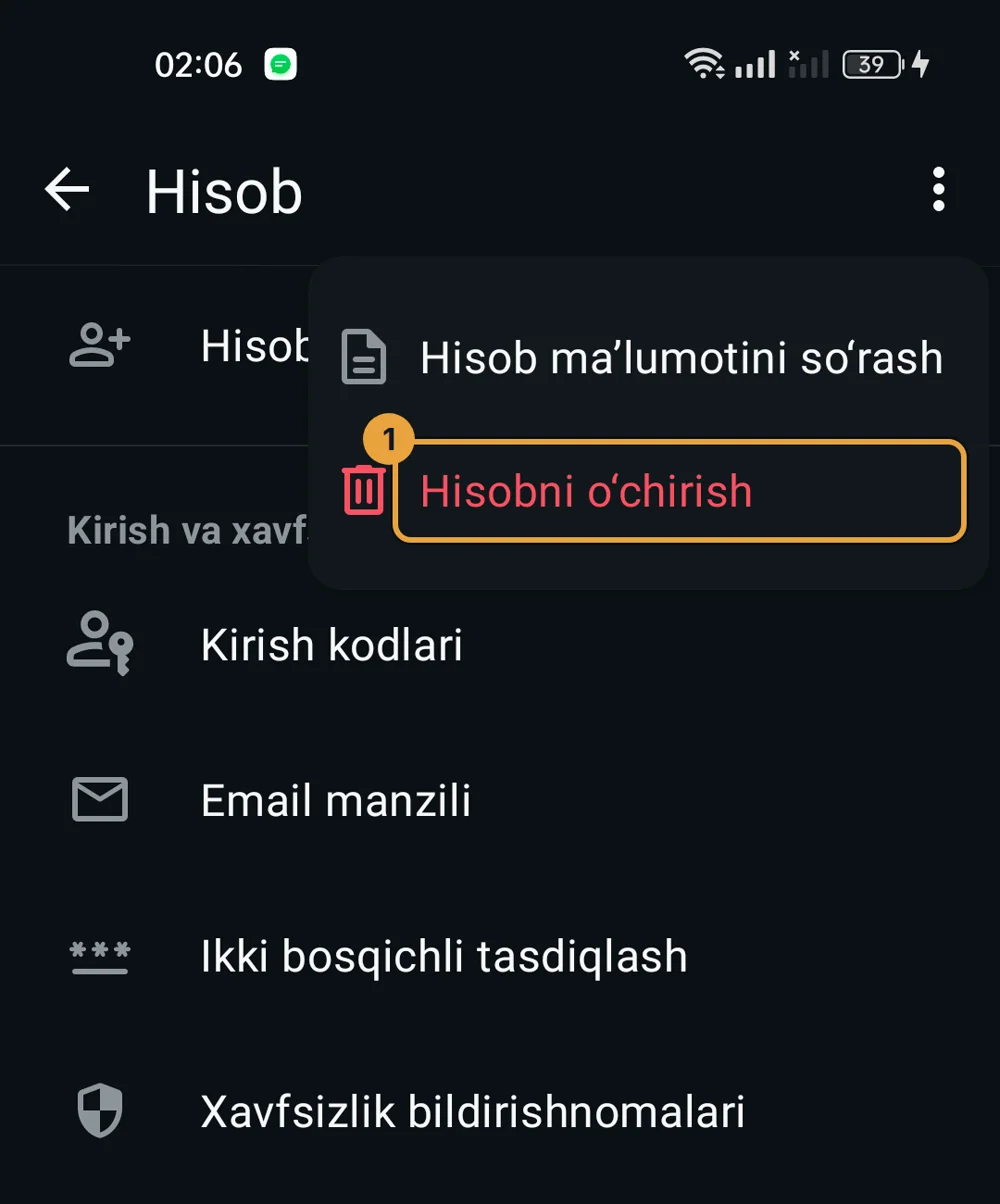 WhatsApp hisob sozlamalari, uch nuqta menyusida «Hisobni o'chirish»
