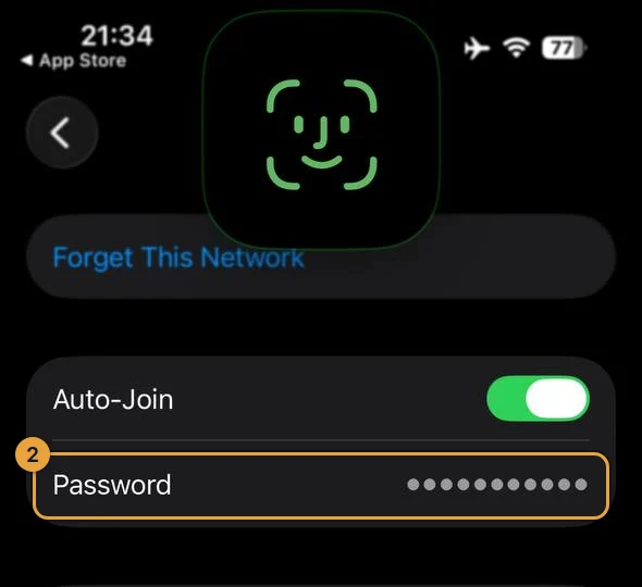 iPhone tarmoq sahifasi, «Password» qatori va Face ID so'rovi