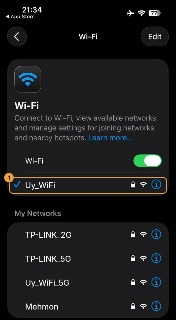 iPhone Wi-Fi ro'yxati, ulangan tarmoq belgilangan